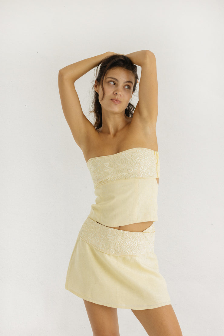 Butter Yellow Strapless Linen Top with Floral Detailing