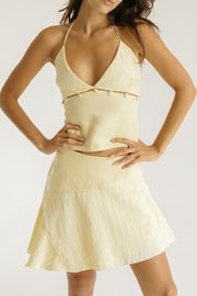 Butter Yellow Linen Camisole Top with Jacquard Detailing