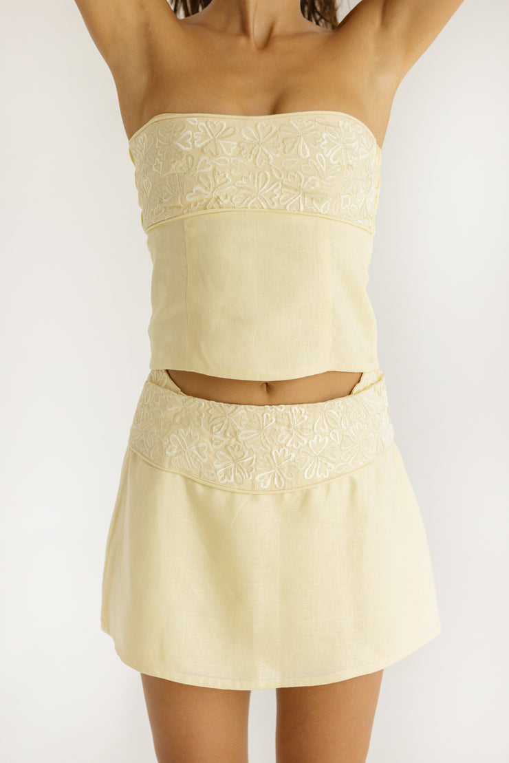 Butter Yellow Linen Mini Skirt with Floral Detailing