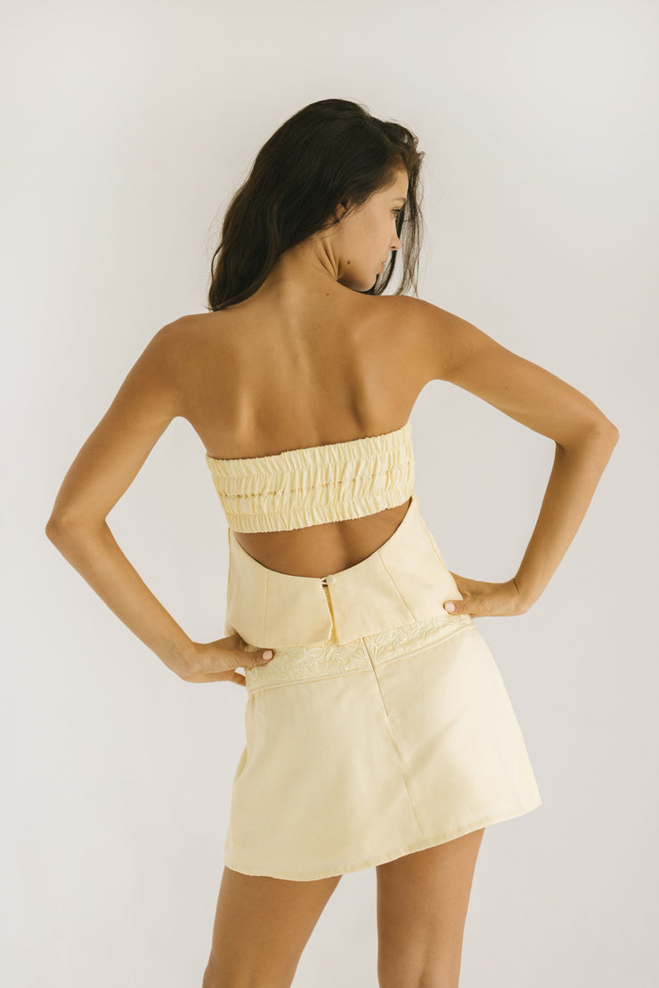 Butter Yellow Linen Mini Skirt with Floral Detailing