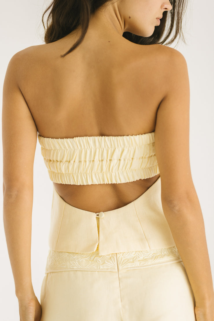 Butter Yellow Strapless Linen Top with Floral Detailing