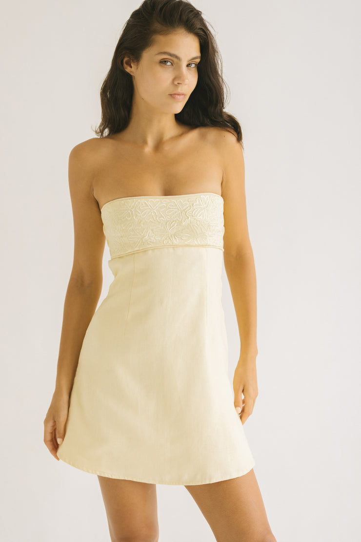 Butter Yellow Strapless Linen Mini Dress with Floral Detailing